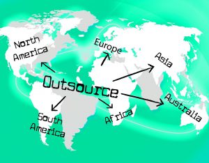 image showing map of world with the word outsource pointing to different continents