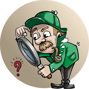 Detective looking at a question mark through a large magnifying glass