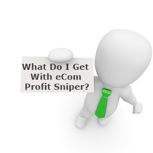 Man icon with a green tie holding up a card with the words what do I get with ecom profit sniper