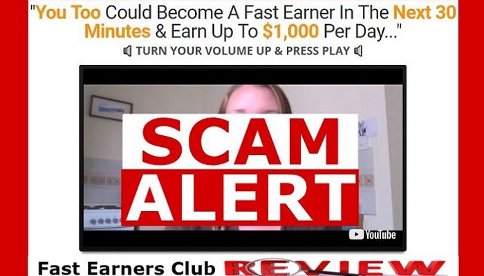 screenshot of fast earners club website with scam alert across the video screen