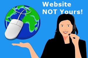 Woman with a hand under a globe and the words Website not yours