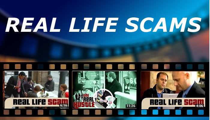 banner with film strip and the words real life scams